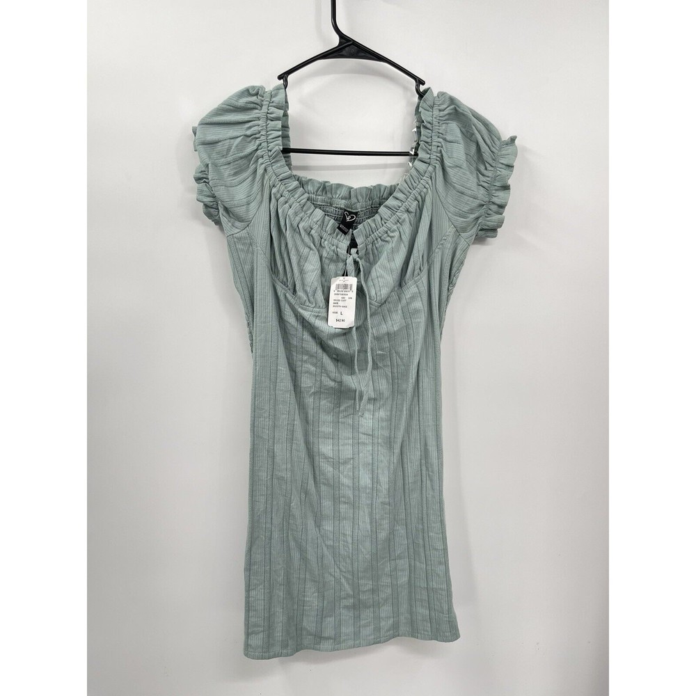 Windsor Sage Green Ribbed Smocked Square Neck Puff Sleeve Mini Dress Size L